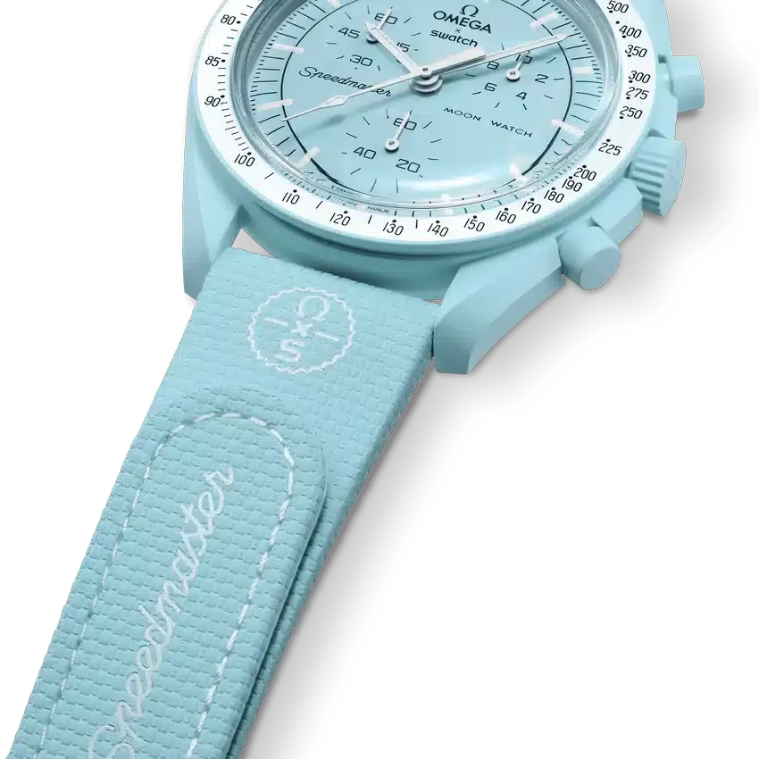 Bracelet MoonSwatch en caoutchouc bleu clair/blanc