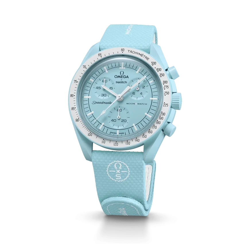 Bracelet MoonSwatch en caoutchouc bleu clair/blanc