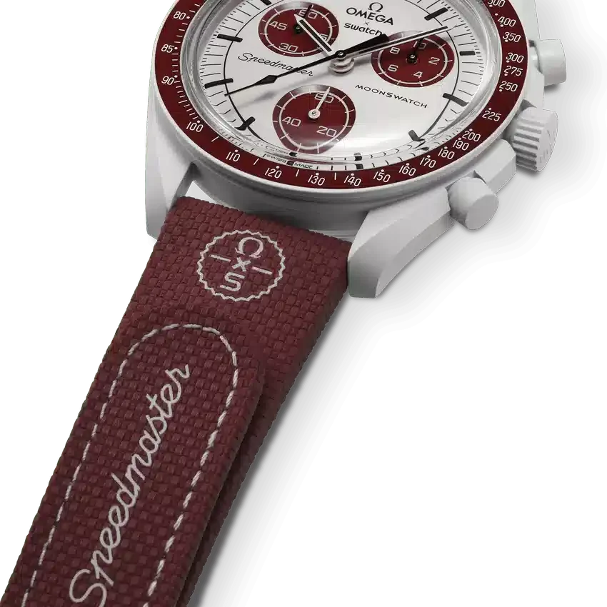 Bracelet MoonSwatch en caoutchouc bordeaux/gris clair