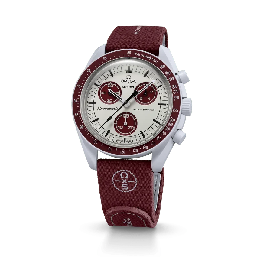 Bracelet MoonSwatch en caoutchouc bordeaux/gris clair
