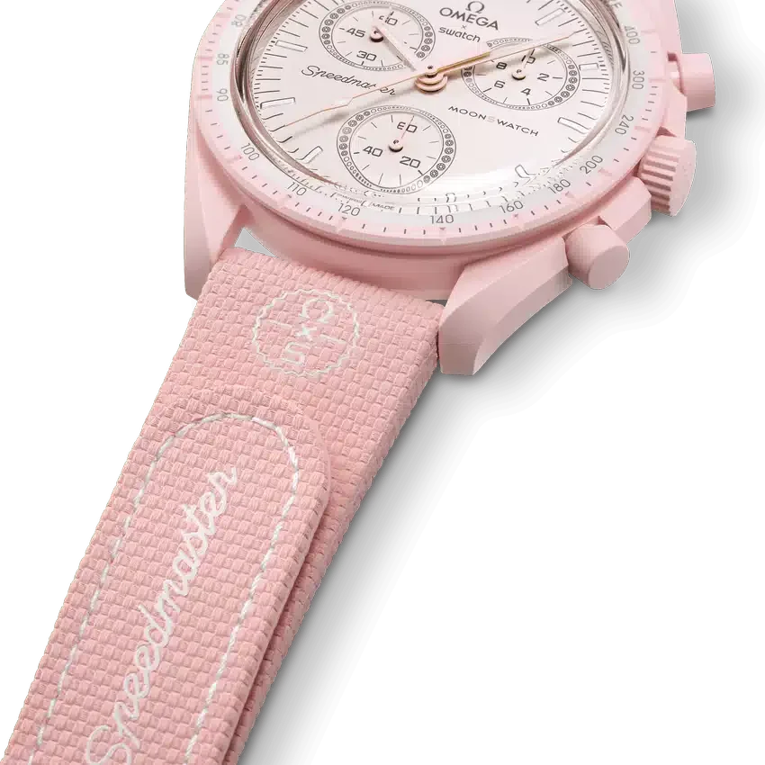 Bracelet MoonSwatch en caoutchouc rose clair/blanc