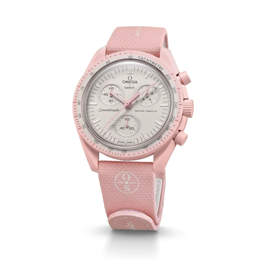 Bracelet MoonSwatch en caoutchouc rose clair/blanc